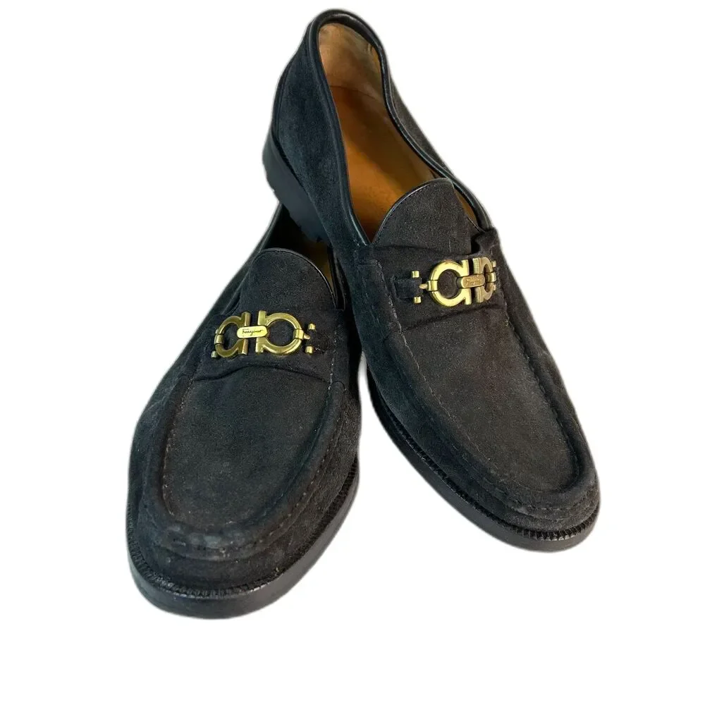 Salvatore Ferragamo Men's Black Suede Gancini Logo Lug Sole Loafers Size 11D